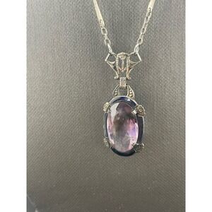 Antique Art Deco Sterling Silver Amethyst Pendant Necklace Blue Enamel Oval Drop